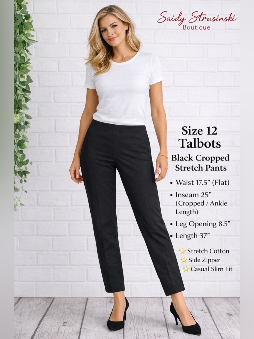 Talbots Black Cropped Pants Size 12 Stretch Slim Fit Side Zip cotton